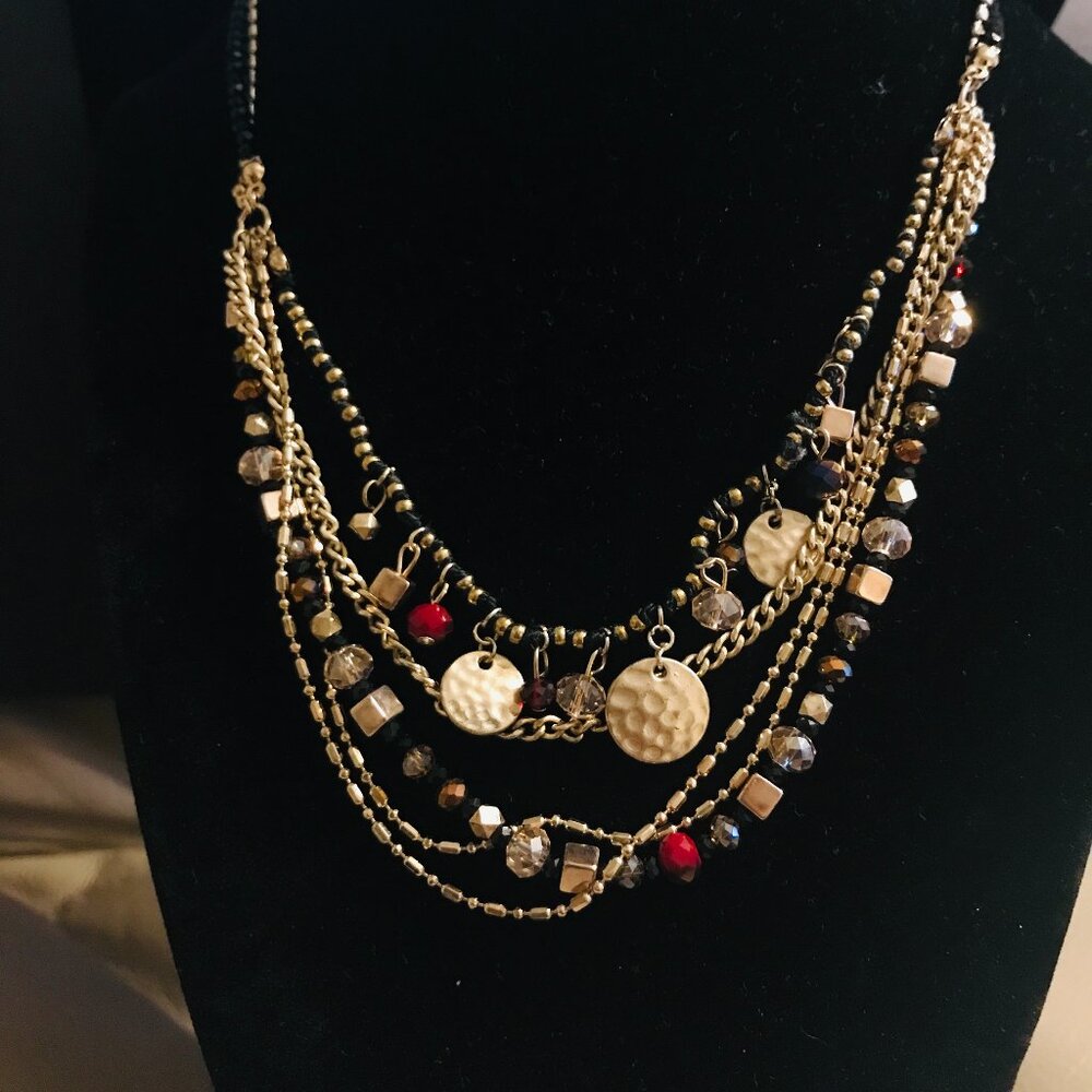 LOFT GOLD TONE  MULTILAYERED CHAINS AND BEADS EXOTIC HOBO NECKLACE 16" - Picture 3 of 4